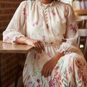 London Times Floral Chiffon Midi Dress Cottagecore Fairy Pink Cream Sz 10